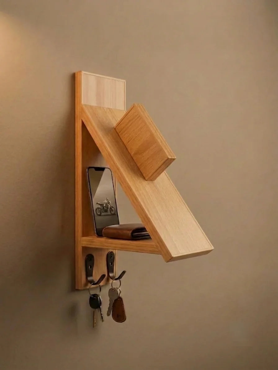 Wooden Helmet Stand & Organizer with Key Hooks