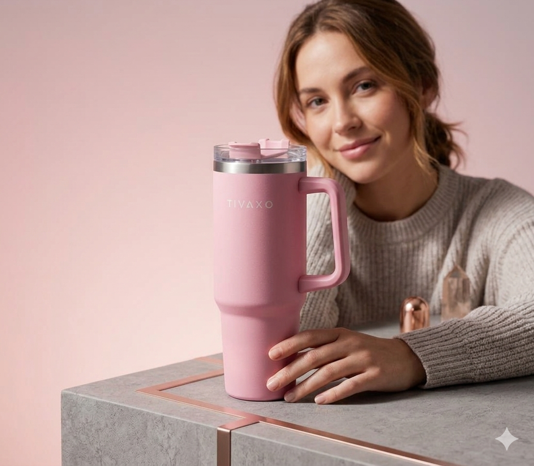 TIVAXO 40 oz Insulated Tumbler with Handle & Stainless Steel Straw – Premium Travel Mug (Dusty Pink)