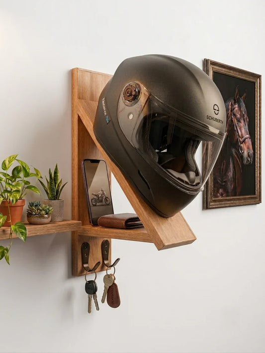 Wooden Helmet Stand & Organizer with Key Hooks