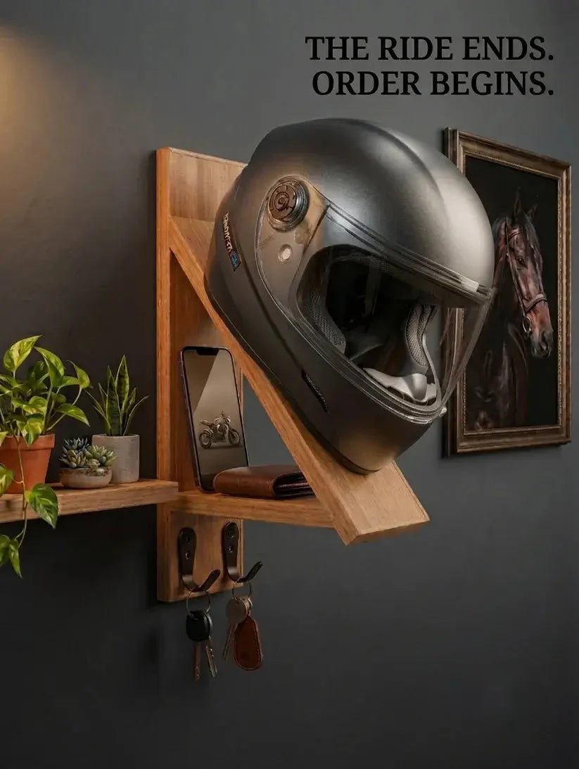 Wooden Helmet Stand & Organizer with Key Hooks