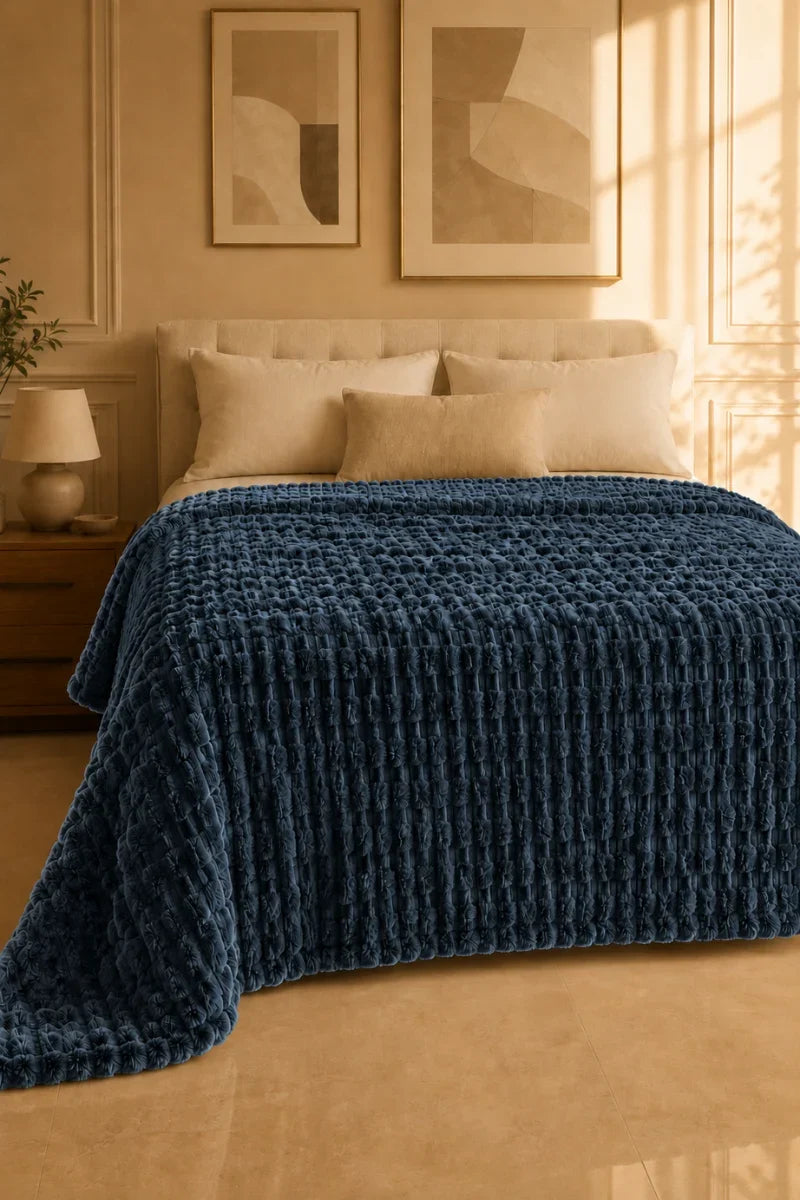 Deep Slate Blue Textured Plush Blanket