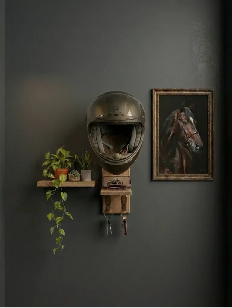 Wooden Helmet Stand & Organizer with Key Hooks