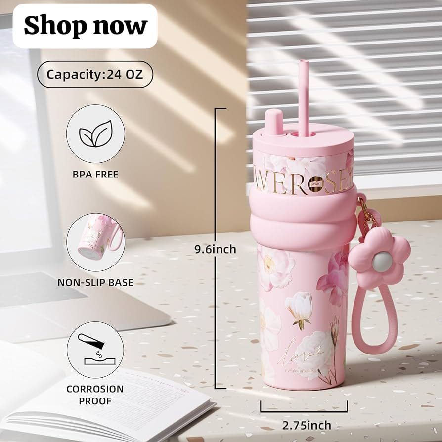 24 oz Stainless Steel Tumbler with Lid and Straw, Insulated Coffee Mug, Leak Proof, Portable Iced Travel Water Bottle,