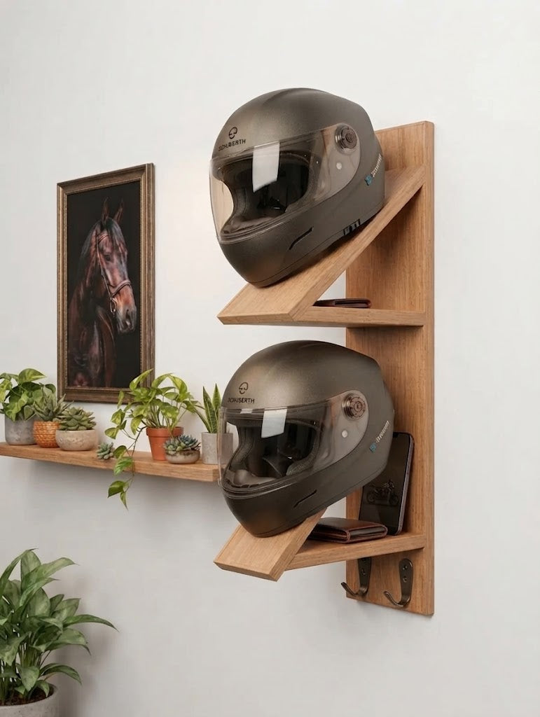Wooden Helmet Stand & Organizer with Key Hooks