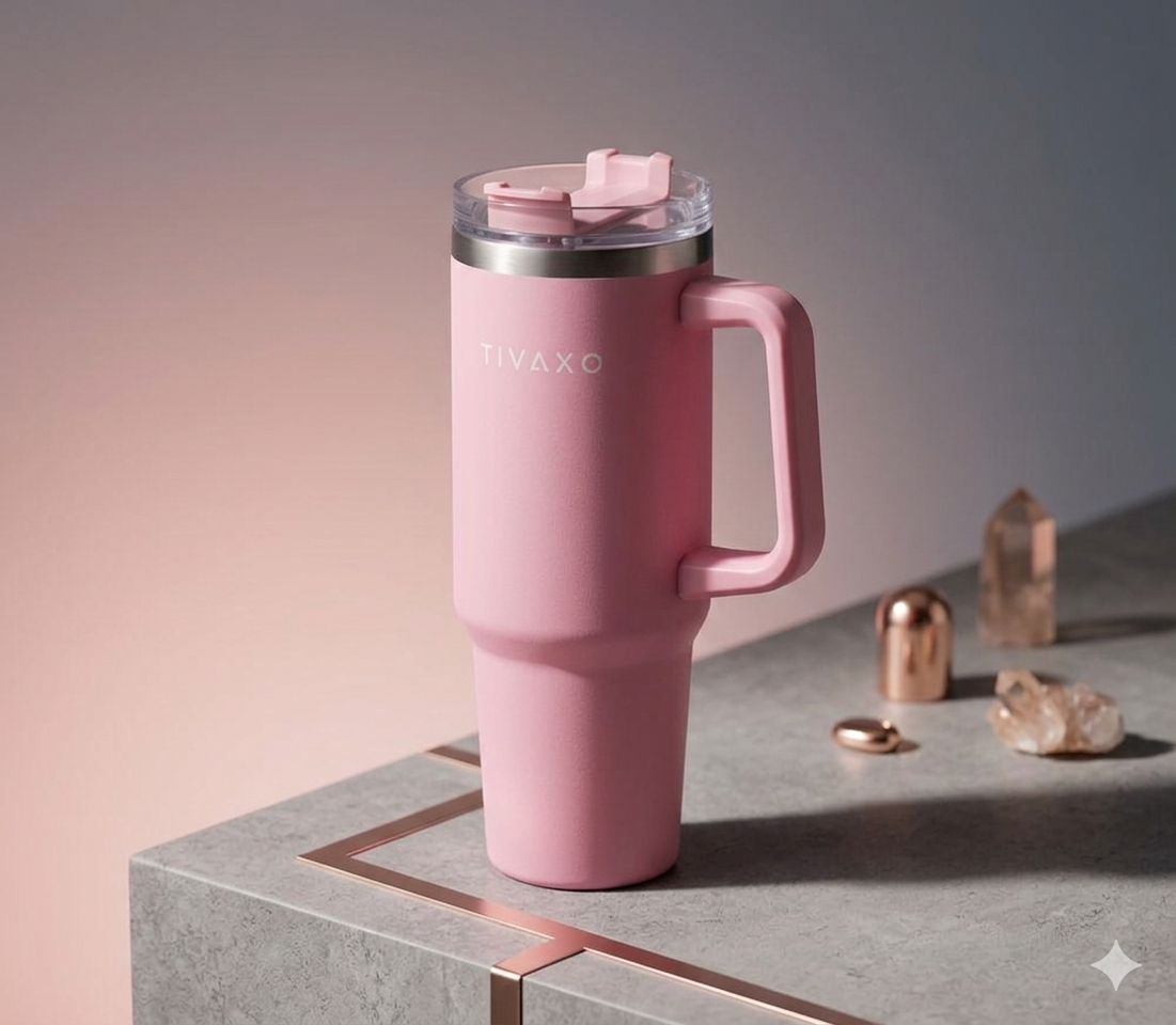 TIVAXO 40 oz Insulated Tumbler with Handle & Stainless Steel Straw – Premium Travel Mug (Dusty Pink)