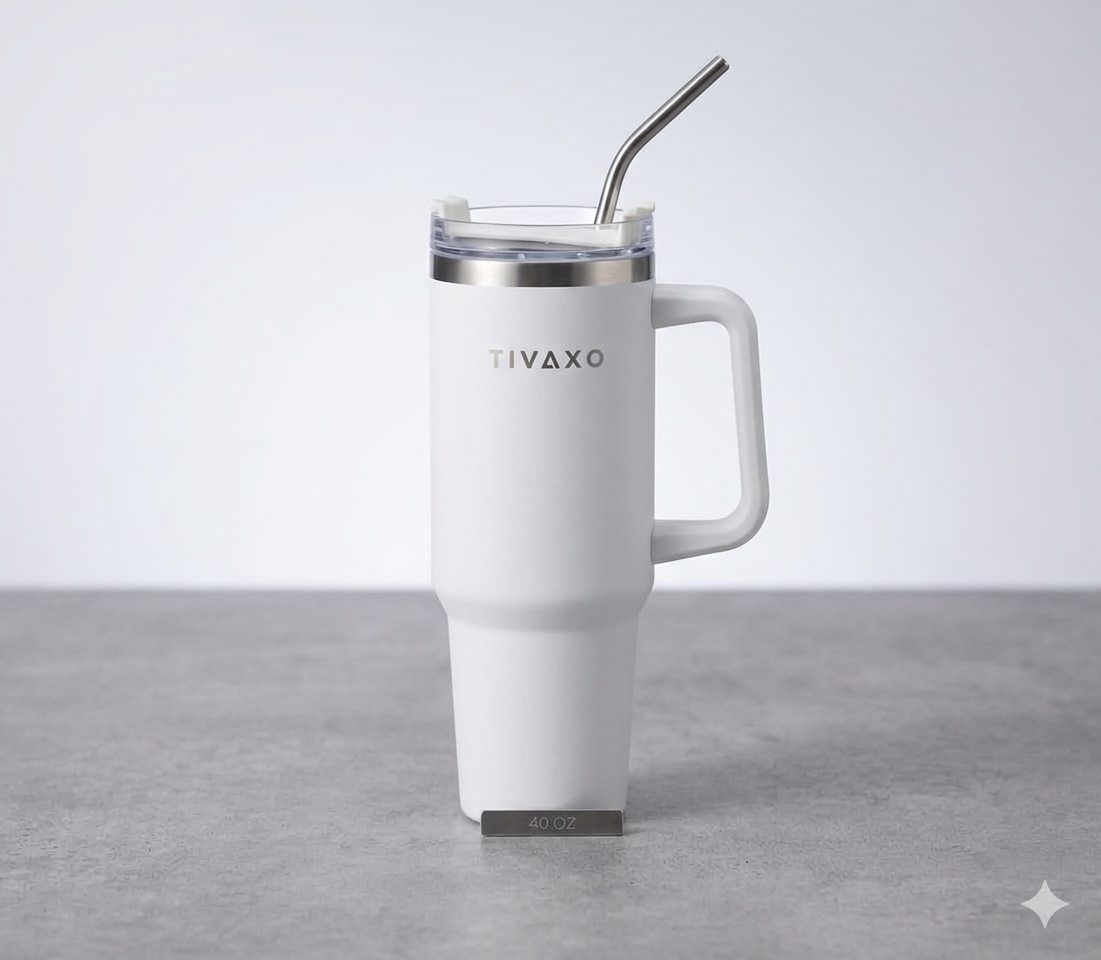 TIVAXO 40 oz Insulated Tumbler with Handle & Stainless Steel Straw – Premium Travel Mug (white)