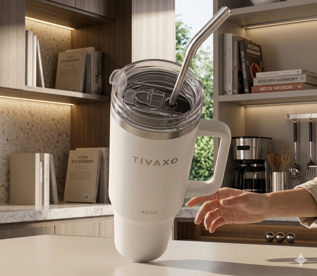 TIVAXO 40 oz Insulated Tumbler with Handle & Stainless Steel Straw – Premium Travel Mug (white)