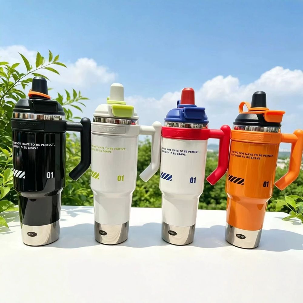Premium quality E-NERGY 1000ml stainless steel tumblers feature a "dual drinking" lid design with both a straw