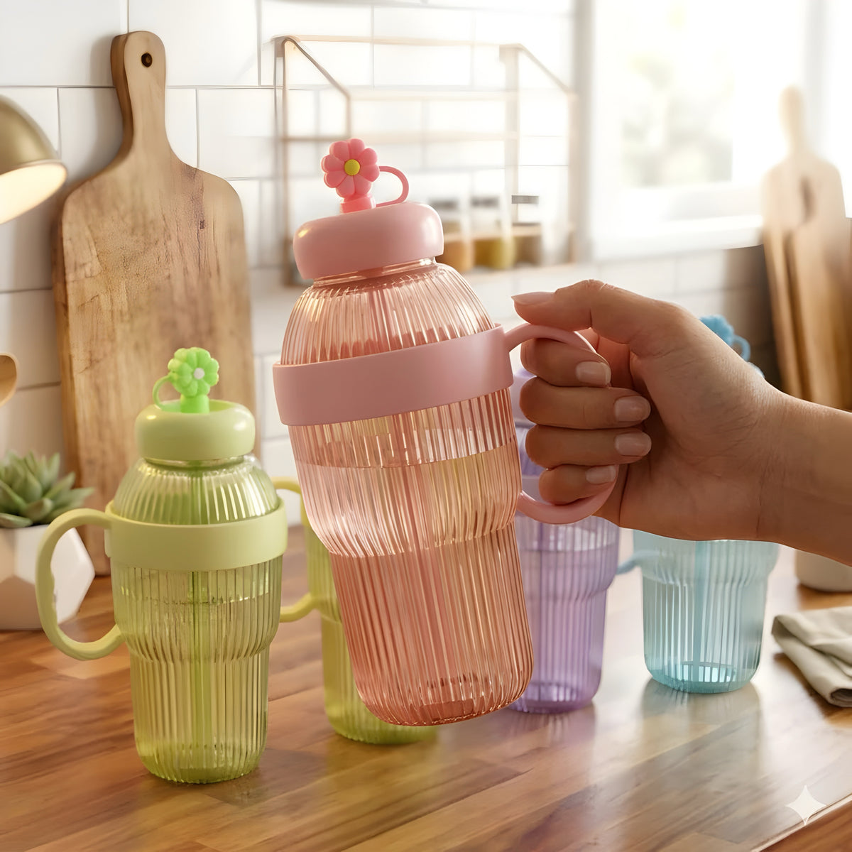BloomSip Ice Effect Straw Bottle – Aesthetic Ribbed Tumbler with Silicone Flower Straw Cover