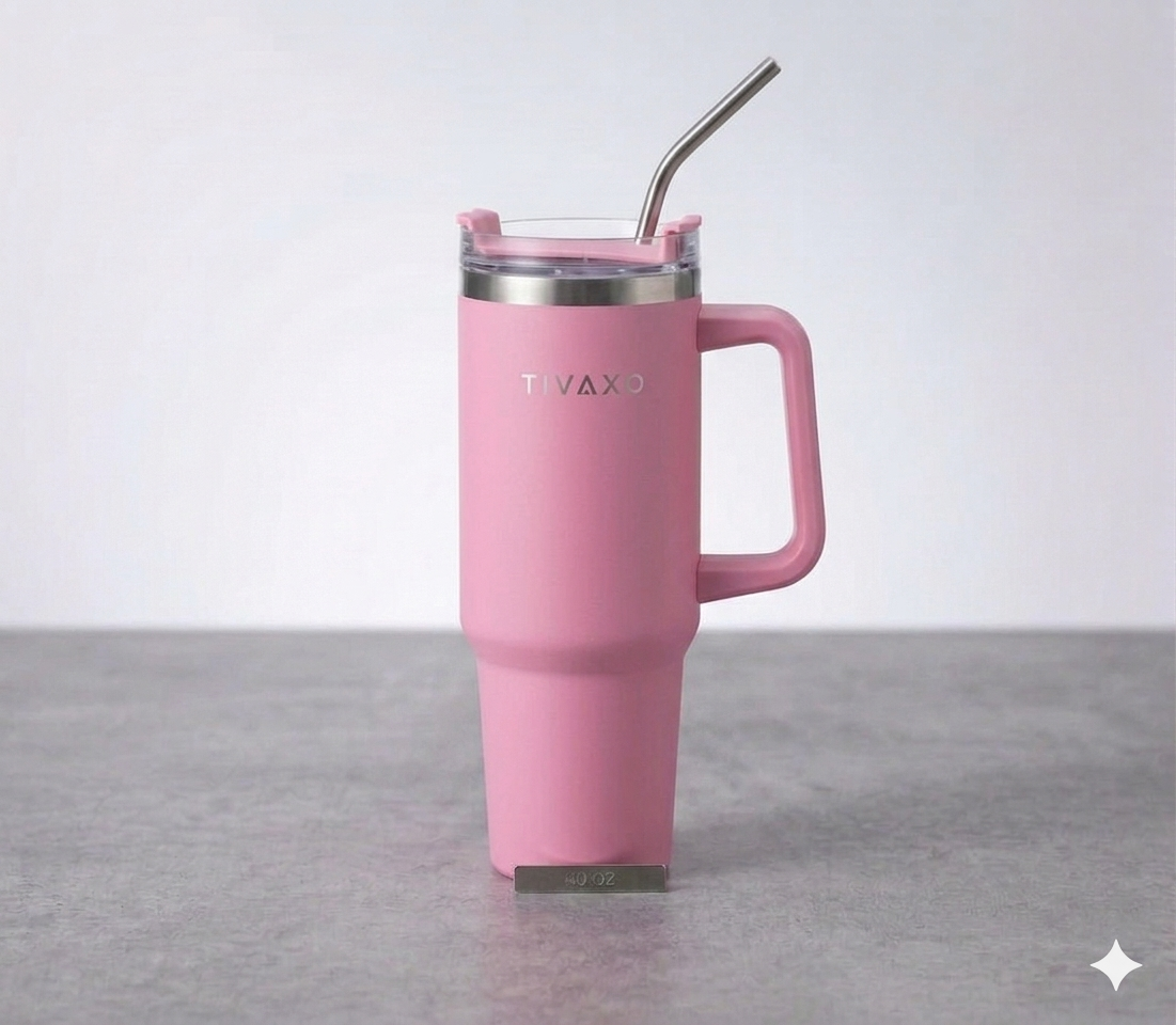 TIVAXO 40 oz Insulated Tumbler with Handle & Stainless Steel Straw – Premium Travel Mug (Dusty Pink)