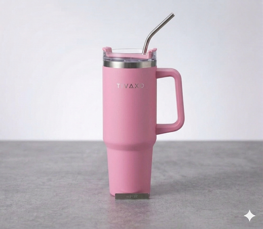 TIVAXO 40 oz Insulated Tumbler with Handle & Stainless Steel Straw – Premium Travel Mug (Dusty Pink)