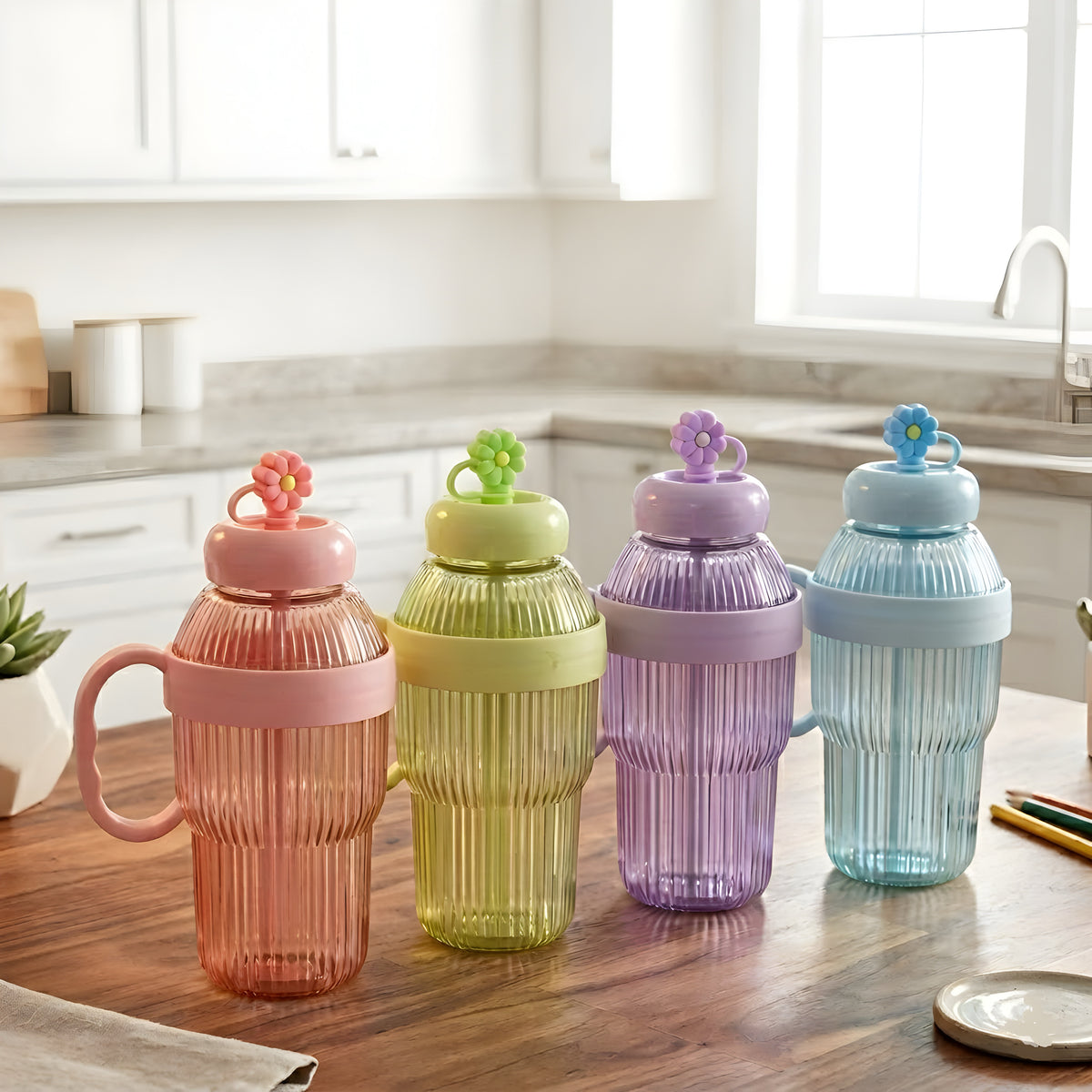 BloomSip Ice Effect Straw Bottle – Aesthetic Ribbed Tumbler with Silicone Flower Straw Cover