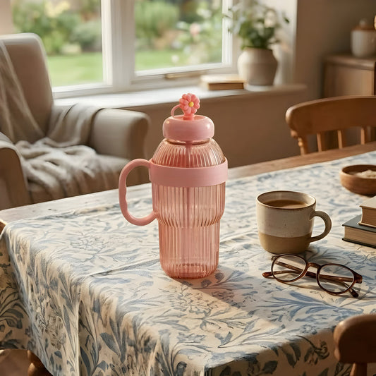 BloomSip Ice Effect Straw Bottle – Aesthetic Ribbed Tumbler with Silicone Flower Straw Cover