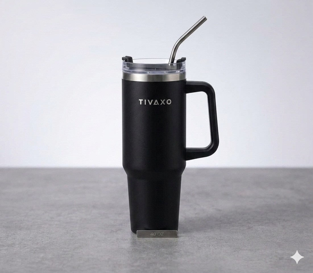 TIVAXO 40 oz Insulated Tumbler with Handle & Stainless Steel Straw – Premium Travel Mug (black)