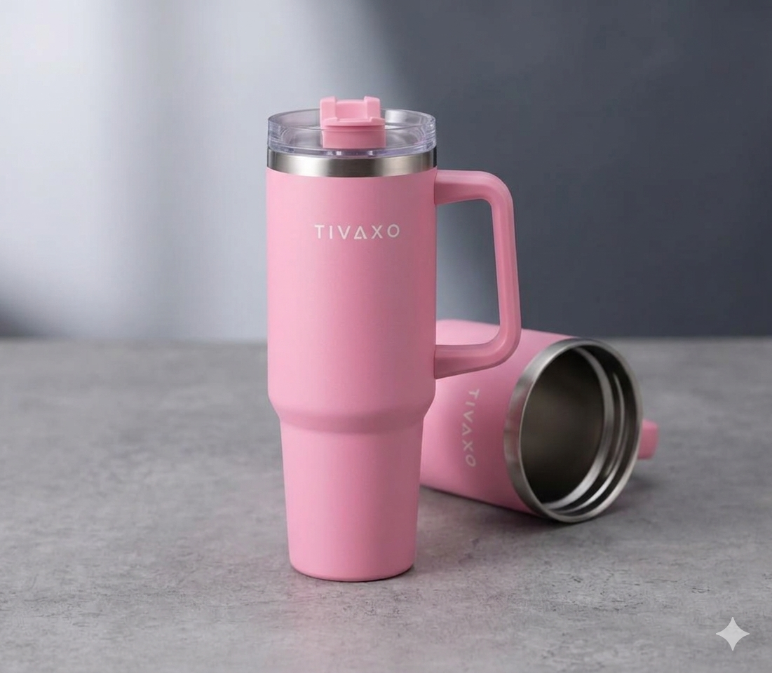 TIVAXO 40 oz Insulated Tumbler with Handle & Stainless Steel Straw – Premium Travel Mug (Dusty Pink)