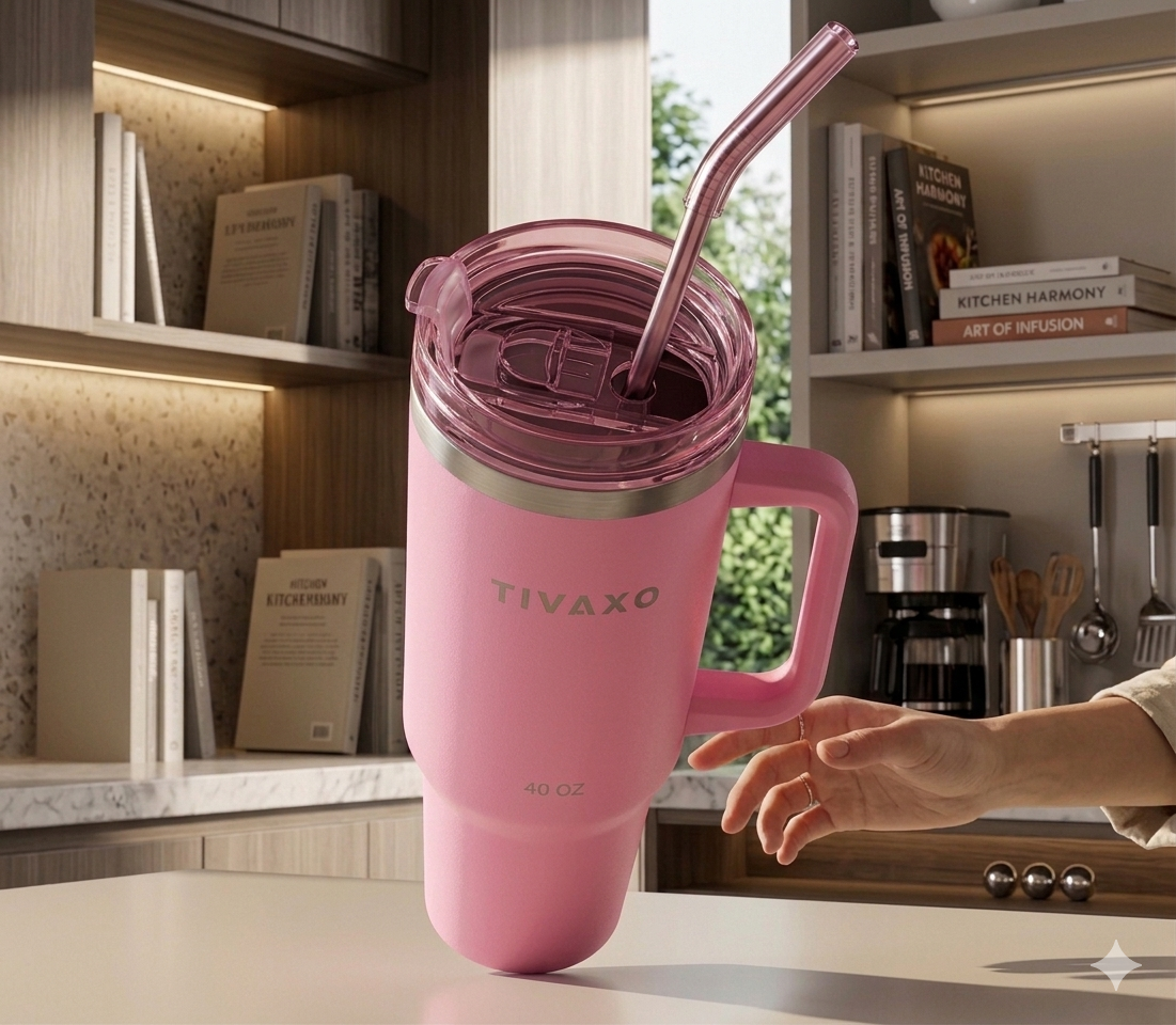 TIVAXO 40 oz Insulated Tumbler with Handle & Stainless Steel Straw – Premium Travel Mug (Dusty Pink)